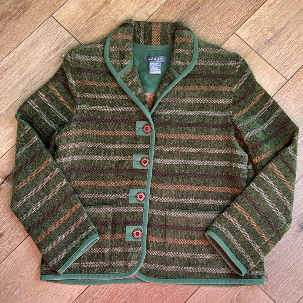 Koret Jacket Women's PS Green Stripe Textured Art To Wear Button Front